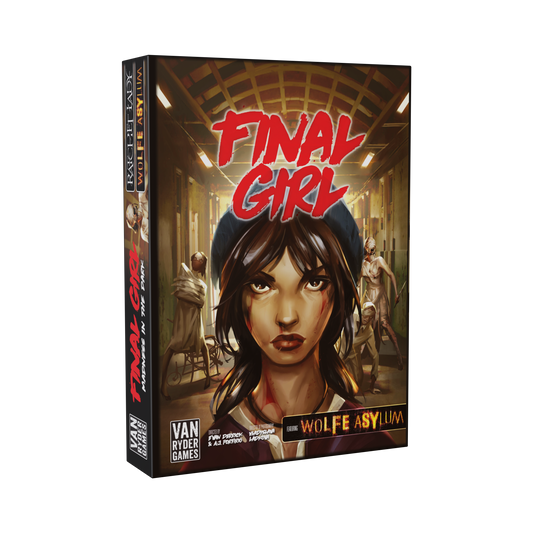 final girl madness in the dark, final girl expansion, final girl feature film, horror board game expansion, solo horror board game, psychological horror board game, van ryder games, final girl ratchet lady, final girl asylum, cinematic horror game, campy horror board game, modular board game expansion, spooky game night, halloween board game, solo tabletop game