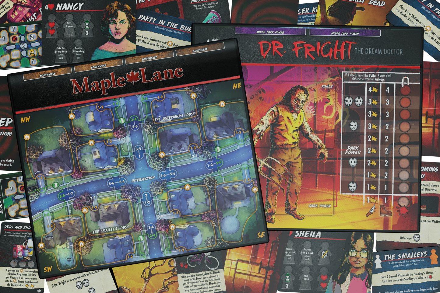 final girl frightmare on maple lane, final girl expansion, final girl feature film, dream horror board game, solo horror board game, suburban horror board game, van ryder games, final girl dr fright, final girl dream doctor, cinematic horror game, campy horror board game, modular board game expansion, spooky game night, halloween board game, solo tabletop game