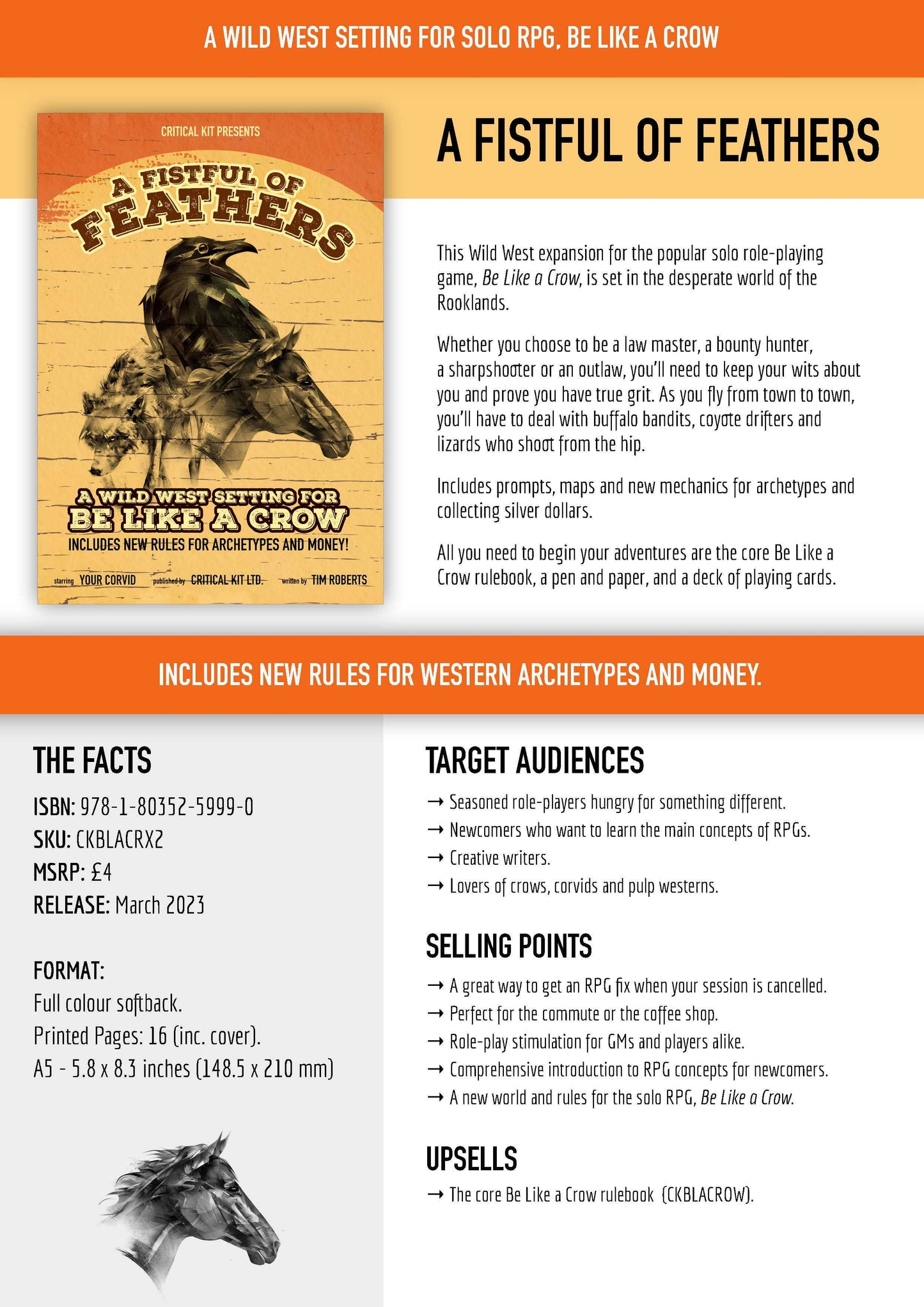 Be Like a Crow expansion, Wild West solo RPG, A Fistful of Feathers RPG, Rooklands setting, solo tabletop game wild west, crow RPG western setting, TTRPG expansion lawless frontier, bounty hunter RPG solo, bird-based roleplaying game, western adventure solo journaling, wild west solo RPG prompts
