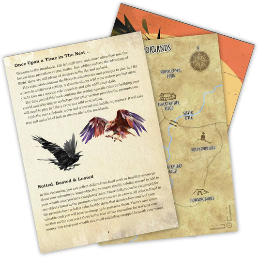 Be Like a Crow expansion, Wild West solo RPG, A Fistful of Feathers RPG, Rooklands setting, solo tabletop game wild west, crow RPG western setting, TTRPG expansion lawless frontier, bounty hunter RPG solo, bird-based roleplaying game, western adventure solo journaling, wild west solo RPG prompts