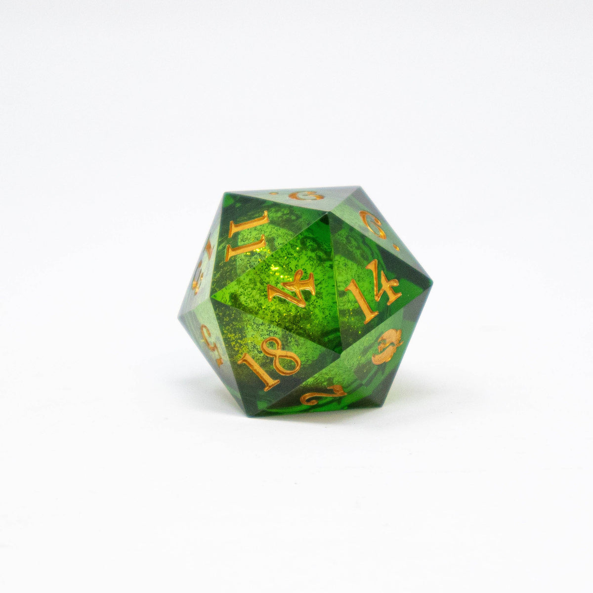 Green Floral Dragons d20 showing gold numbers and floral dragon artwork