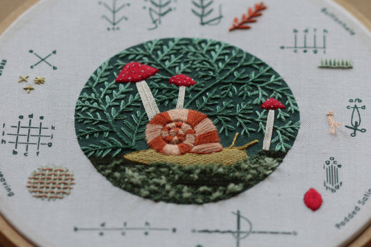 forest floor embroidery sampler, woodland embroidery kit, textured embroidery stitches, Kiriki Press stitch sampler, learn hand embroidery, nature-inspired needlework kit, DMC floss embroidery project, embroidery for beginners, forest theme embroidery, embroidery hoop art