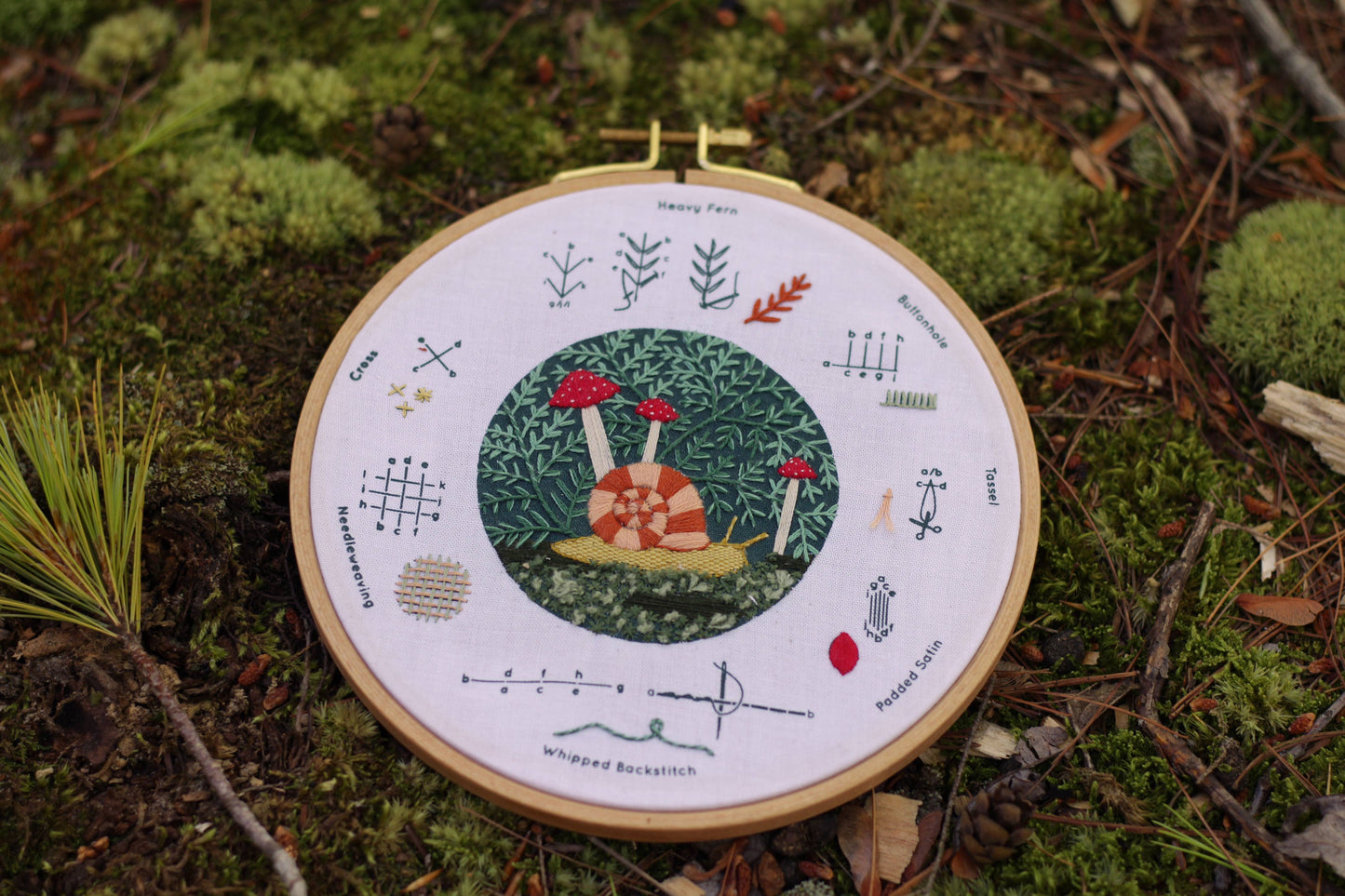 forest floor embroidery sampler, woodland embroidery kit, textured embroidery stitches, Kiriki Press stitch sampler, learn hand embroidery, nature-inspired needlework kit, DMC floss embroidery project, embroidery for beginners, forest theme embroidery, embroidery hoop art
