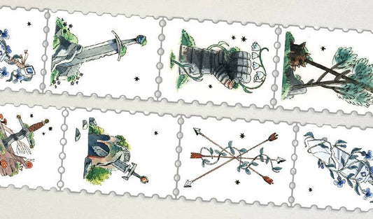 forgotten armory washi tape, fantasy stamp washi tape, peaceful weapon washi, 25mm washi tape, magical forest stationery, nature inspired tape, fantasy journaling supplies, decorative scrapbooking tape, art supply for RPG lovers, laid down swords washi