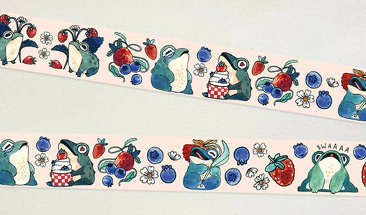 frogs and berries washi tape, cottagecore washi tape, frog aesthetic stationery, 20mm washi tape, goblincore journaling supplies, gifts, magical frog washi, whimsical tape for scrapbooking, nature theme washi tape, cute frog art supply