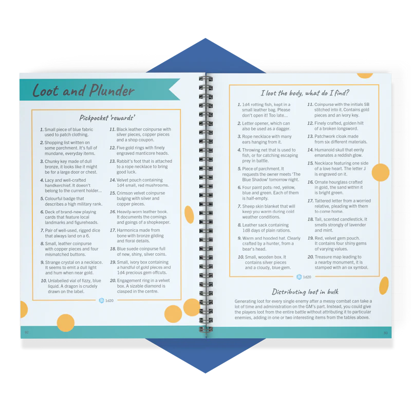 Game Master toolkit for DnD, RPG world-building tables, ENNIE award-winning RPG book, fantasy RPG encounter generator, critical hit and miss tables, DnD loot generator, random quest creator, immersive RPG storytelling tool, 5E Game Master resources, fantasy campaign toolkit