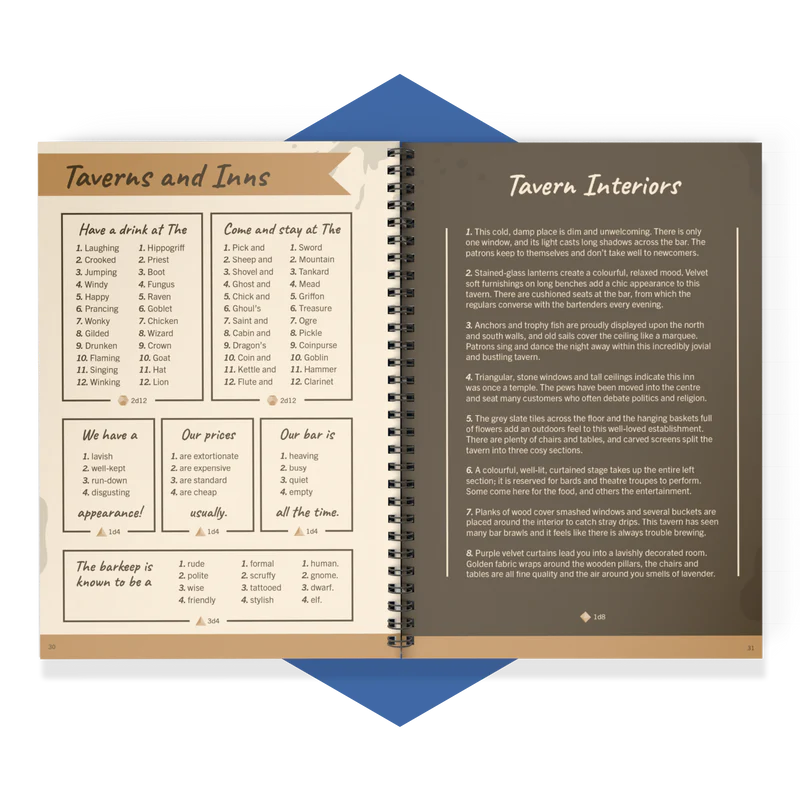 Game Master toolkit for DnD, RPG world-building tables, ENNIE award-winning RPG book, fantasy RPG encounter generator, critical hit and miss tables, DnD loot generator, random quest creator, immersive RPG storytelling tool, 5E Game Master resources, fantasy campaign toolkit
