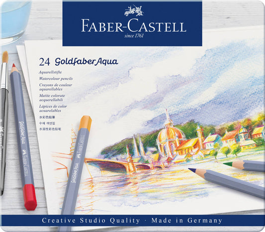 Goldfaber Aqua watercolor pencils, Faber-Castell watercolor pencils, artist watercolor pencil set, watercolor pencils tin 24, water-soluble colored pencils, watercolor pencils for beginners, best watercolor pencils, blendable watercolor art supplies, watercolor sketching tools, colored pencil watercolor techniques
