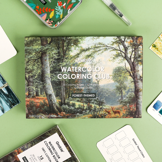Forest watercolor kit with pocket paints, coloring book, brush, and accessories