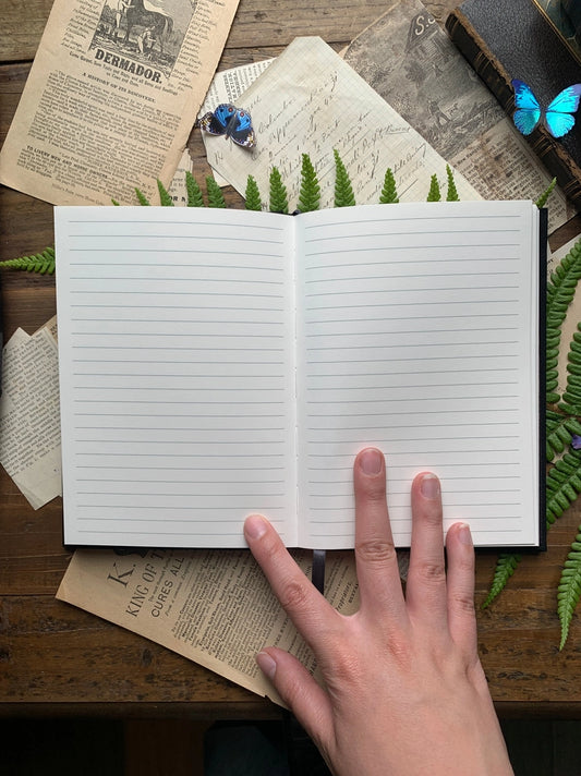 RPG journal B6 notebook, lined game journal, fantasy campaign notebook, DnD grimoire notebook, vegan RPG stationery, character lore journal, world-building notebook, elegant RPG notebook, 120gsm paper lined journal, black linen foil stamped notebook