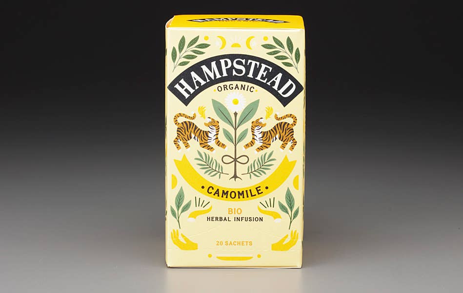 hampstead organic camomile tea, biodynamic chamomile tea, organic calming herbal tea, caffeine free relaxation tea, golden chamomile flowers, soothing camomile infusion, bedtime herbal tea organic, gentle relaxation tea, mark t wendell hampstead, rogue & rye tea collection