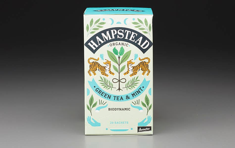 hampstead organic green tea mint, biodynamic mint tea, organic peppermint spearmint tea, darjeeling green tea blend, whole leaf biodegradable teabags, organic liquorice mint tea, refreshing mint green tea, mark t wendell hampstead, nature-grown tea blends, rogue & rye tea collection