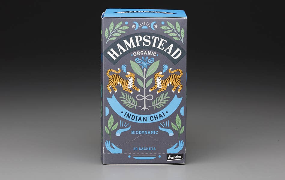 hampstead organic indian chai, biodynamic chai tea, organic darjeeling chai, spiced black tea chai, traditional indian chai blend, organic spice tea, chai with milk, uplifting chai tea, mark t wendell hampstead, rogue & rye tea collection