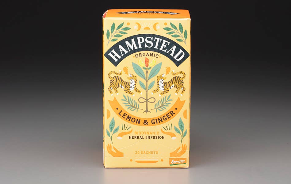 hampstead organic lemon ginger tea, biodynamic herbal tea, organic lemon ginger infusion, caffeine free herbal tea, detox ginger tea, lemon vitamin c tea, soothing citrus ginger tea, organic wellness tea, mark t wendell hampstead, rogue & rye tea collection