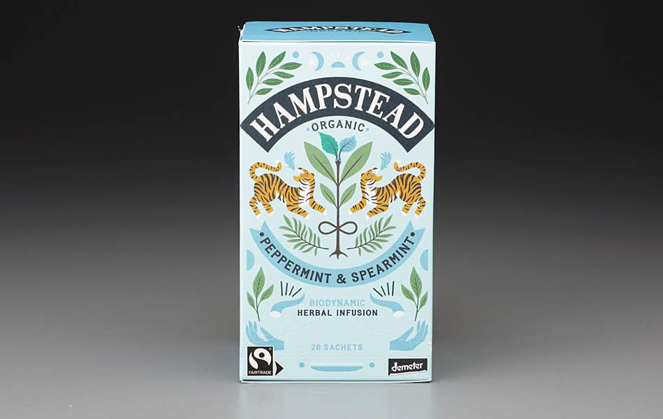 hampstead organic peppermint spearmint tea, biodynamic mint tea, organic digestive tea, peppermint spearmint herbal infusion, cooling mint tea, caffeine free mint tea, soothing herbal mint blend, refreshing peppermint spearmint tea, mark t wendell hampstead, rogue & rye tea collection