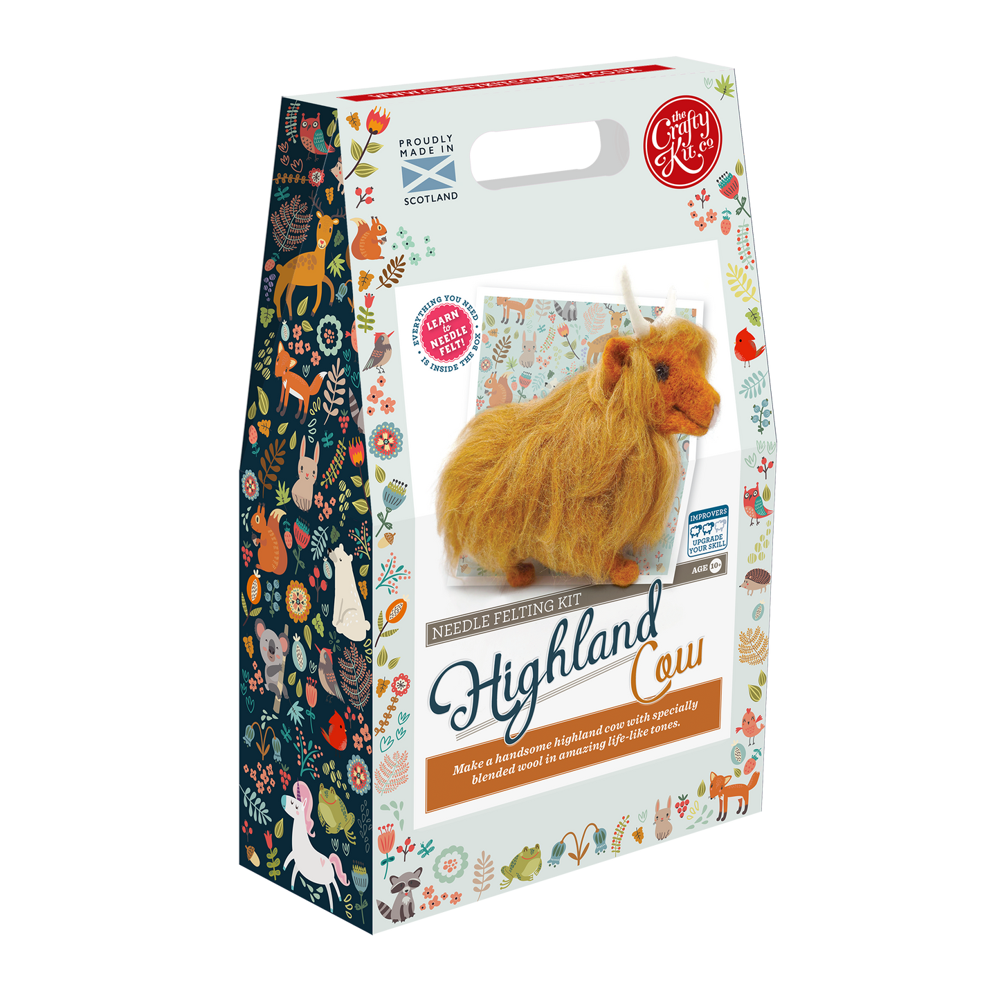 highland cow needle felting kit, heilan coo craft kit, scottish wildlife wool project, intermediate felting kit, The Crafty Kit Company cow, needle felt highland cow, improver level felting kit, Corriedale wool highland cow, handmade cow felting kit, gift for craft lovers