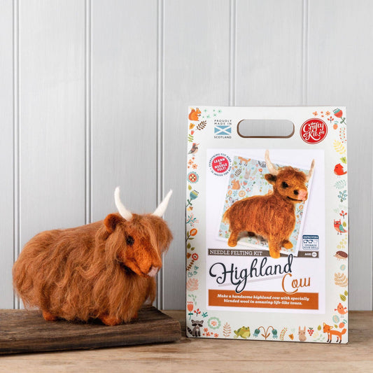 highland cow needle felting kit, heilan coo craft kit, scottish wildlife wool project, intermediate felting kit, The Crafty Kit Company cow, needle felt highland cow, improver level felting kit, Corriedale wool highland cow, handmade cow felting kit, gift for craft lovers