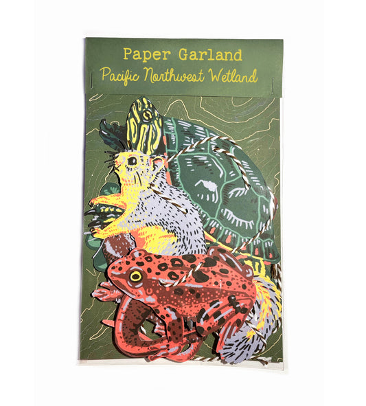 Hissing Mink Pacific Northwest wetland paper garland featuring woodland wetland species inspired by mossy forest ecosystems and cozy nature decor