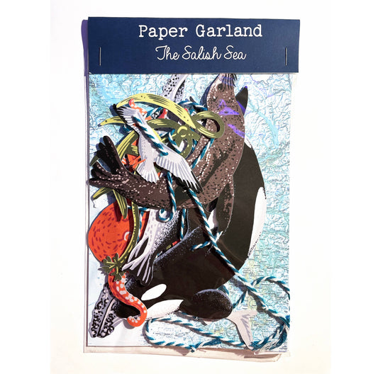 Hissing Mink Salish Sea paper garland featuring marine species inspired by the coastal ecosystems of the Pacific Northwest