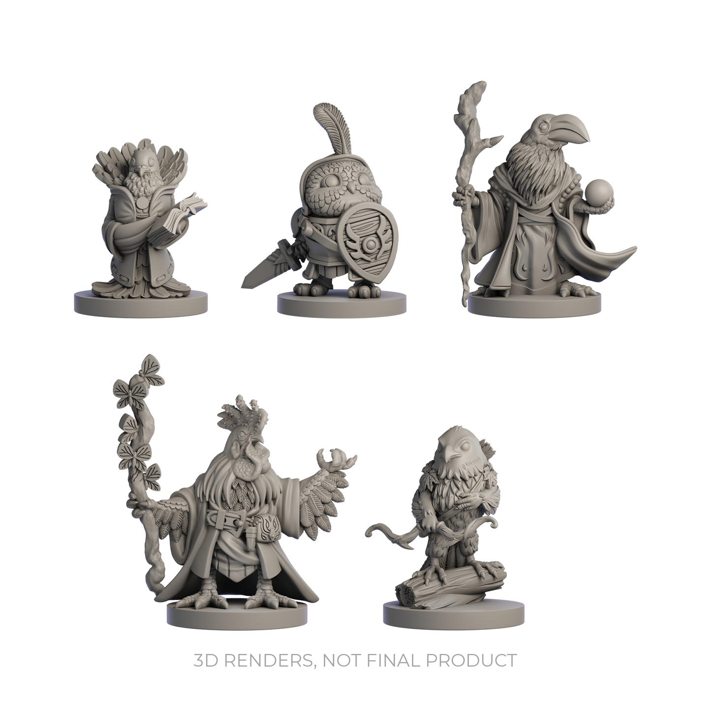 Humblewood minis, Heroes of Humblewood miniatures, Hit Point Press Humblewood, Strig Knight mini, Corvum Necromancer mini, Gallus Druid mini, Luma Wizard mini, Raptor Ranger mini, animal folk DnD minis, 5e compatible miniatures, fantasy RPG minis, playable race minis for Humblewood, Dungeons and Dragons NPC figures, tabletop gaming miniatures