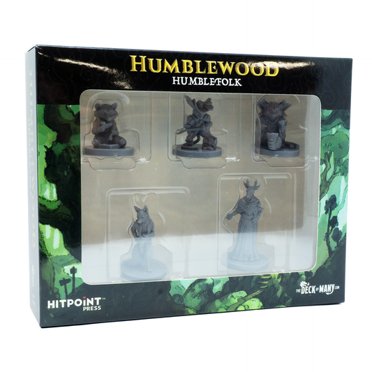 Humblewood Humblefolk minis, Hit Point Press miniatures, animal folk DnD minis, Vulpin Jerbeen Mapach Cervan, fantasy tabletop miniatures, RPG character minis, Humblewood playable races, DnD swashbuckler and tinkerer minis, Hedge Witch miniature, roleplaying miniatures set, Humblewood NPC minis, 5e compatible miniatures