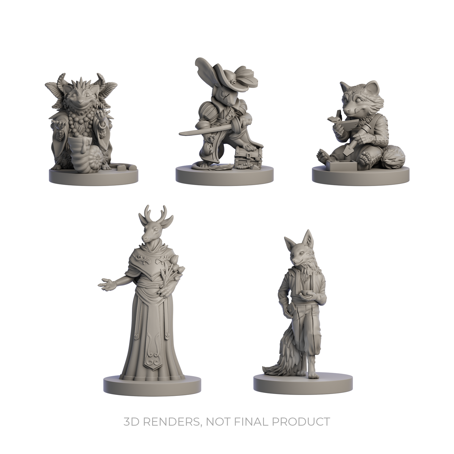 Humblewood Humblefolk minis, Hit Point Press miniatures, animal folk DnD minis, Vulpin Jerbeen Mapach Cervan, fantasy tabletop miniatures, RPG character minis, Humblewood playable races, DnD swashbuckler and tinkerer minis, Hedge Witch miniature, roleplaying miniatures set, Humblewood NPC minis, 5e compatible miniatures