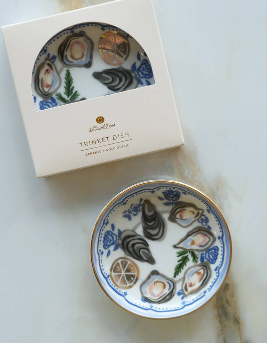 oyster trinket dish, porcelain ring dish, ceramic jewelry dish, gold rim trinket dish, Idlewild Co dish, hand-painted porcelain, oyster decor, jewelry catchall, seaside home decor, small gift idea, stocking stuffer gift, engagement gift, ceramic dish, illustrated trinket dish