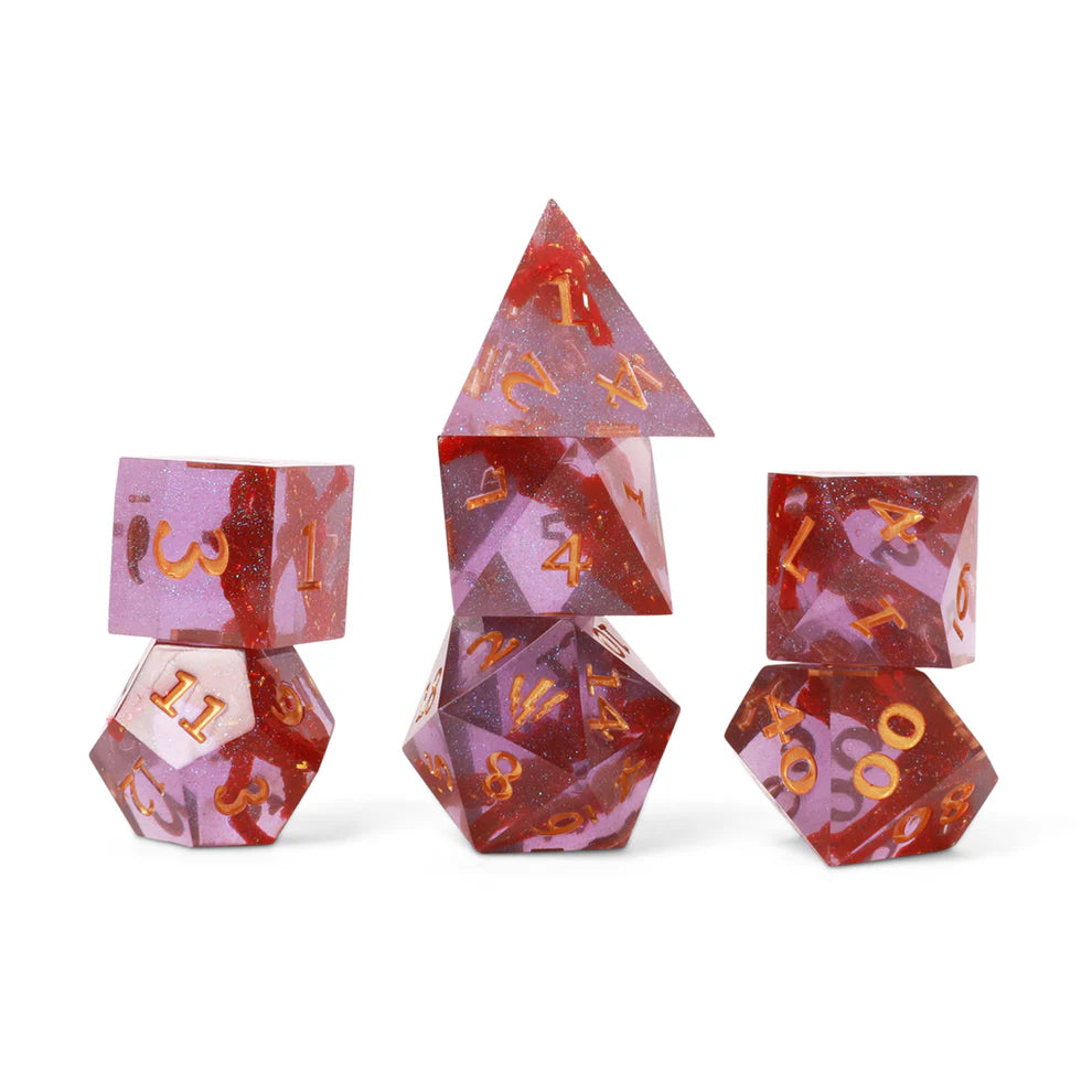 Imogen Temult dice, Critical Role dice set, Bells Hells dice, Imogen Temult DnD dice, purple glitter dice, sharp edge polyhedral dice, DnD character dice, Critical Role Imogen, lightning bolt d20, resin RPG dice, Leia Rondeau dice design, Critical Role campaign 3 dice, Imogen Temult character merch, Bells Hells character dice, high quality resin dice