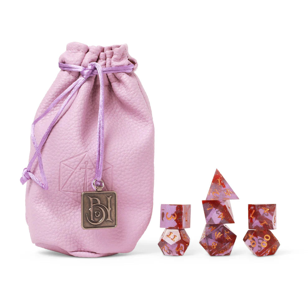 Imogen Temult dice, Critical Role dice set, Bells Hells dice, Imogen Temult DnD dice, purple glitter dice, sharp edge polyhedral dice, DnD character dice, Critical Role Imogen, lightning bolt d20, resin RPG dice, Leia Rondeau dice design, Critical Role campaign 3 dice, Imogen Temult character merch, Bells Hells character dice, high quality resin dice