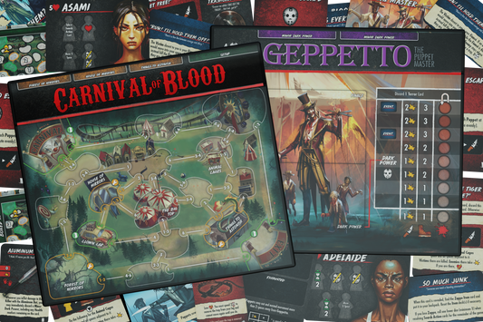 final girl carnage at the carnival, final girl expansion, final girl feature film, horror board game expansion, solo horror board game, spooky board game, van ryder games, final girl carnival, final girl geppetto puppet master, cinematic horror game, campy horror board game, modular board game expansion, spooky game night, halloween board game, solo tabletop game