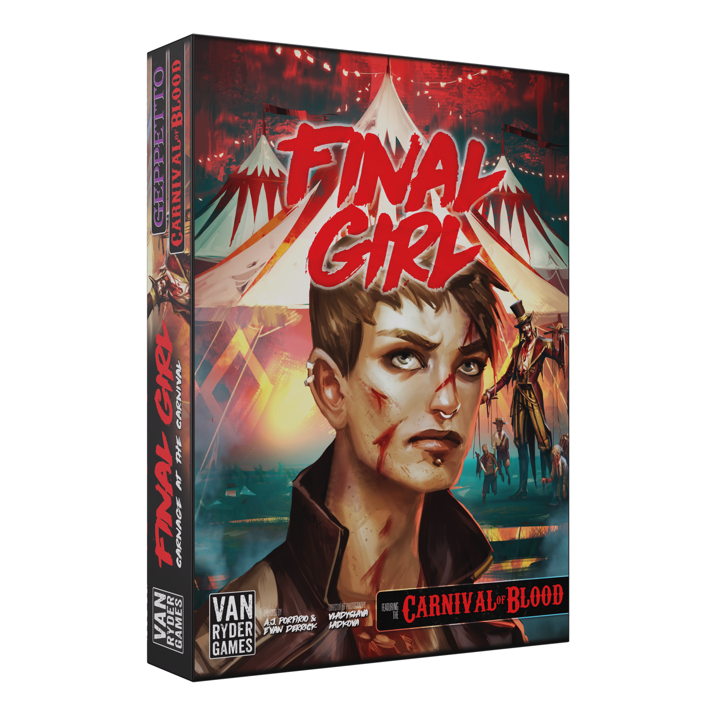 final girl carnage at the carnival, final girl expansion, final girl feature film, horror board game expansion, solo horror board game, spooky board game, van ryder games, final girl carnival, final girl geppetto puppet master, cinematic horror game, campy horror board game, modular board game expansion, spooky game night, halloween board game, solo tabletop game