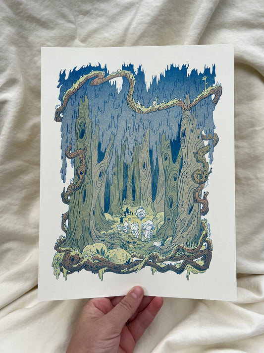 Into the Crooked Woods risograph print, woodland adventure art, Natalie Andrewson riso print, blue yellow fluorescent pink riso, forest creature illustration, whimsical woodland print, indie printmaker artwork, forest fantasy art print, narrative riso illustration, small woodland wall art, collectible riso print, Rogue & Rye artist collection.