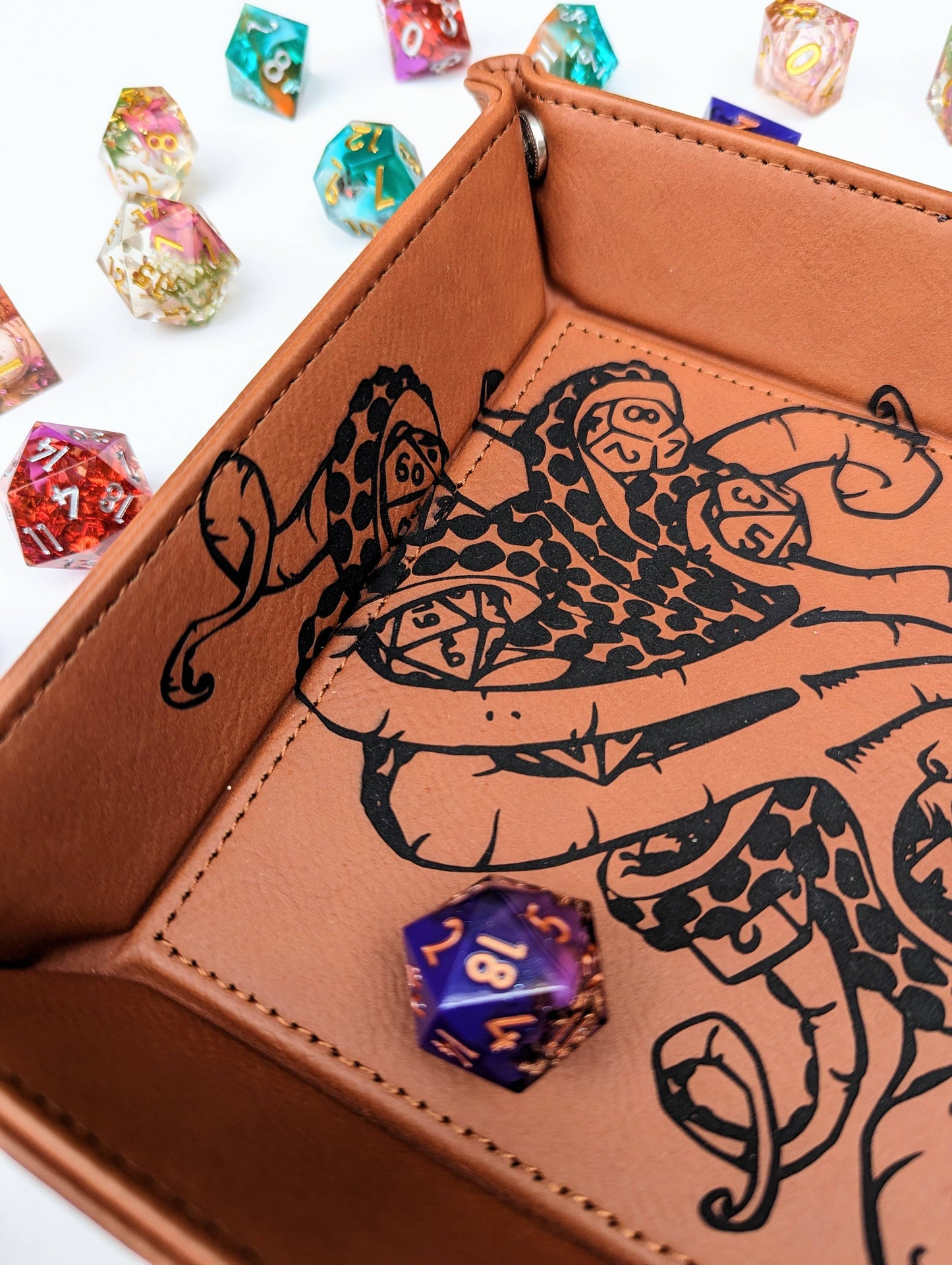 accessory tray, organize, vegan leather dice tray, Kraken of Holding tray, DnD rolling tray, RPG accessory tray, NTSD Gaming dice tray, tabletop organizer, snap dice tray, kraken themed gaming tray, vegan leather gaming accessory, North to South Designs
