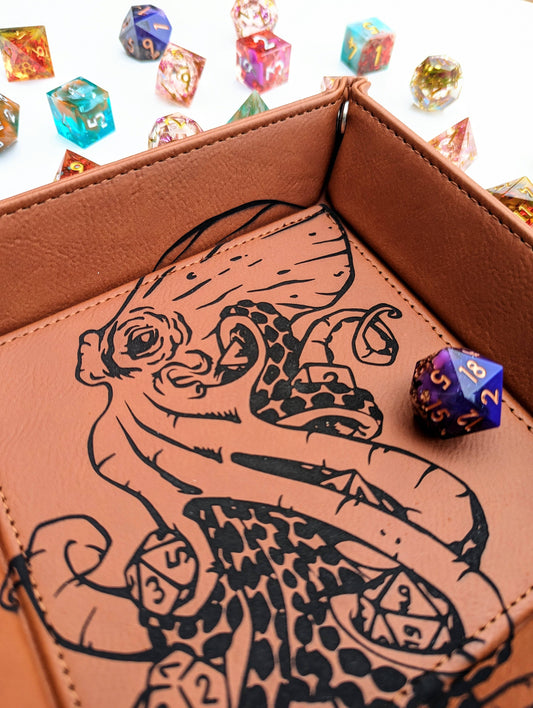 accessory tray, organize, vegan leather dice tray, Kraken of Holding tray, DnD rolling tray, RPG accessory tray, NTSD Gaming dice tray, tabletop organizer, snap dice tray, kraken themed gaming tray, vegan leather gaming accessory, North to South Designs