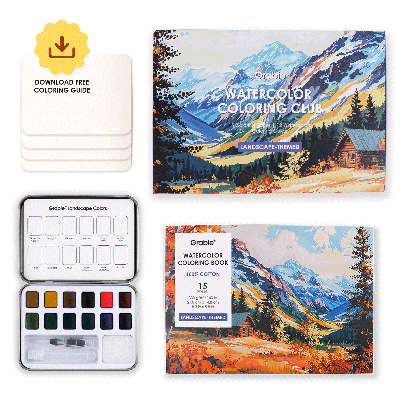 travel watercolor kit, portable watercolor set, landscape painting set, beginner watercolor box, outdoor art supplies, 12-color watercolor palette, cotton watercolor paper book, hot press watercolor pad, watercolor kit for adults, on-the-go art supplies, watercolor club box
