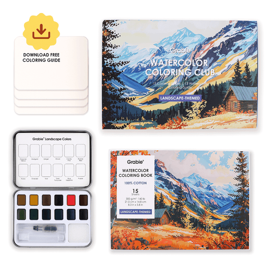 travel watercolor kit, portable watercolor set, landscape painting set, beginner watercolor box, outdoor art supplies, 12-color watercolor palette, cotton watercolor paper book, hot press watercolor pad, watercolor kit for adults, on-the-go art supplies, watercolor club box