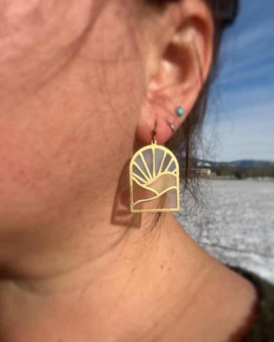 landscape earrings, stained glass resin earrings, brass dangle earrings, scenic jewelry, nature-inspired earrings, lightweight art earrings, resin landscape earrings, handmade artisan jewelry, mountain earrings, modern boho earrings, everyday statement earrings, brass resin earrings, outdoor-inspired jewelry, travel gift for her, handcrafted nature earrings, colorful dangle earrings, adventure jewelry, gift for hikers, scenic mountain earrings, Rogue & Rye accessories