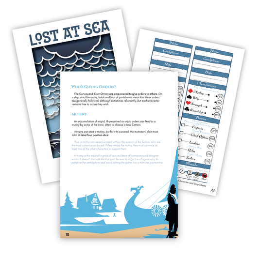 lost at sea solo TTRPG, nautical solo RPG, maritime roleplaying game, seafaring adventure tabletop game, solo journaling RPG sea, survival at sea board game RPG, ocean-themed TTRPG, multiplayer maritime RPG, solo RPG with character sheets, nautical dice roleplaying game