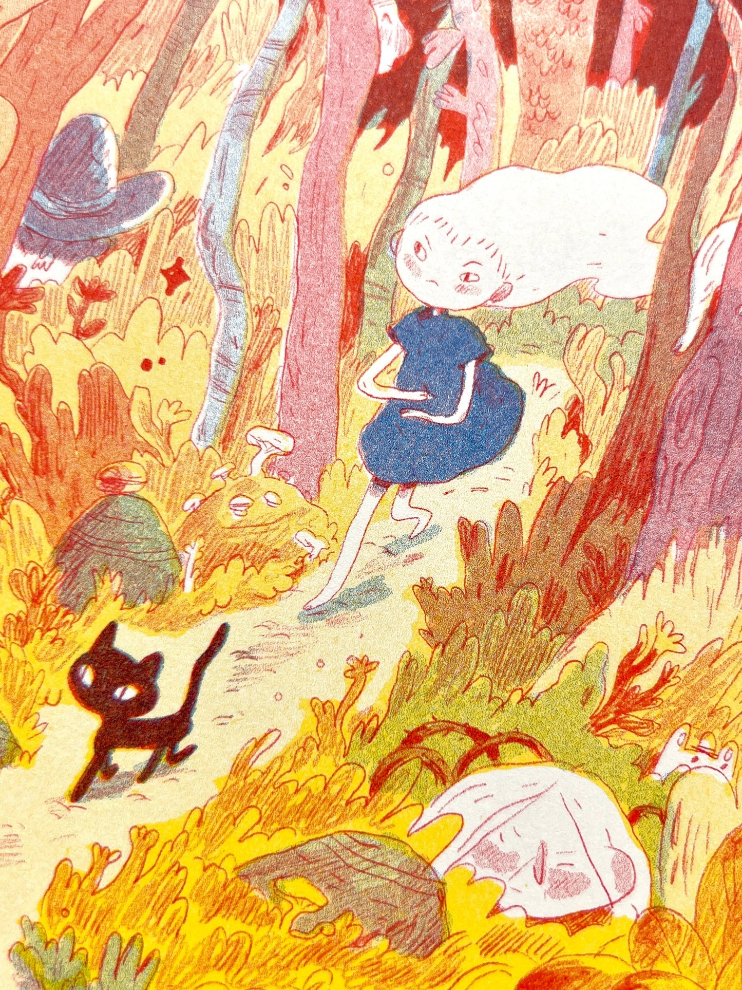 Mamuanna risograph print, Natalie Andrewson riso print, SVA RisoLAB residency art, early risograph artwork, fluorescent pink blue yellow riso, indie printmaker art, narrative comic artwork, vibrant riso illustration, square riso print, collectible risograph art, Los Angeles printmaker, Rogue & Rye artist collection.