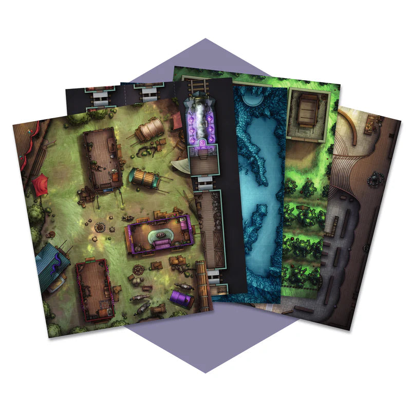 DnD battle maps, fantasy tabletop maps, dry-erase D&D maps, 1-inch grid RPG maps, reusable DnD map set, dungeon map collection, temple map for D&D, city heist RPG maps, digital and physical RPG maps, 17x22 inch battle maps, customizable encounter maps, DnD map library for game masters