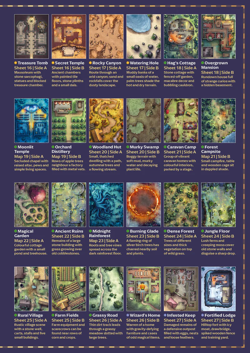 DnD battle maps, fantasy tabletop maps, dry-erase D&D maps, 1-inch grid RPG maps, reusable DnD map set, dungeon map collection, temple map for D&D, city heist RPG maps, digital and physical RPG maps, 17x22 inch battle maps, customizable encounter maps, DnD map library for game masters