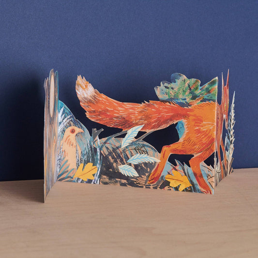 Mark Hearld Three Fold Fox accordion greeting card featuring a close-up of the fox and woodland birds within the layered paper sculpture.