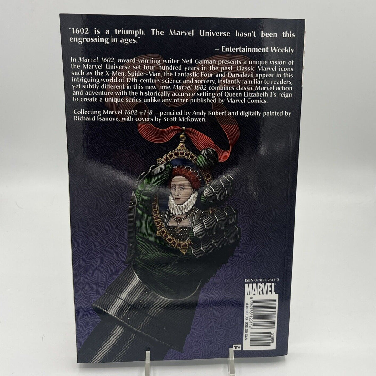 Back cover of the Marvel 1602 trade paperback featuring story summary, reviews, and publication information.