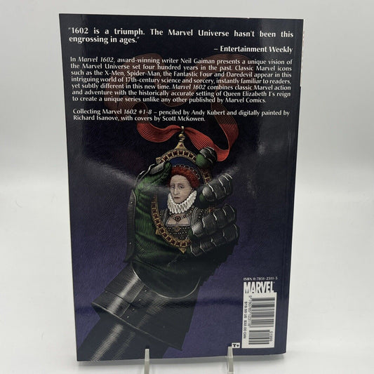 Back cover of the Marvel 1602 trade paperback featuring story summary, reviews, and publication information.