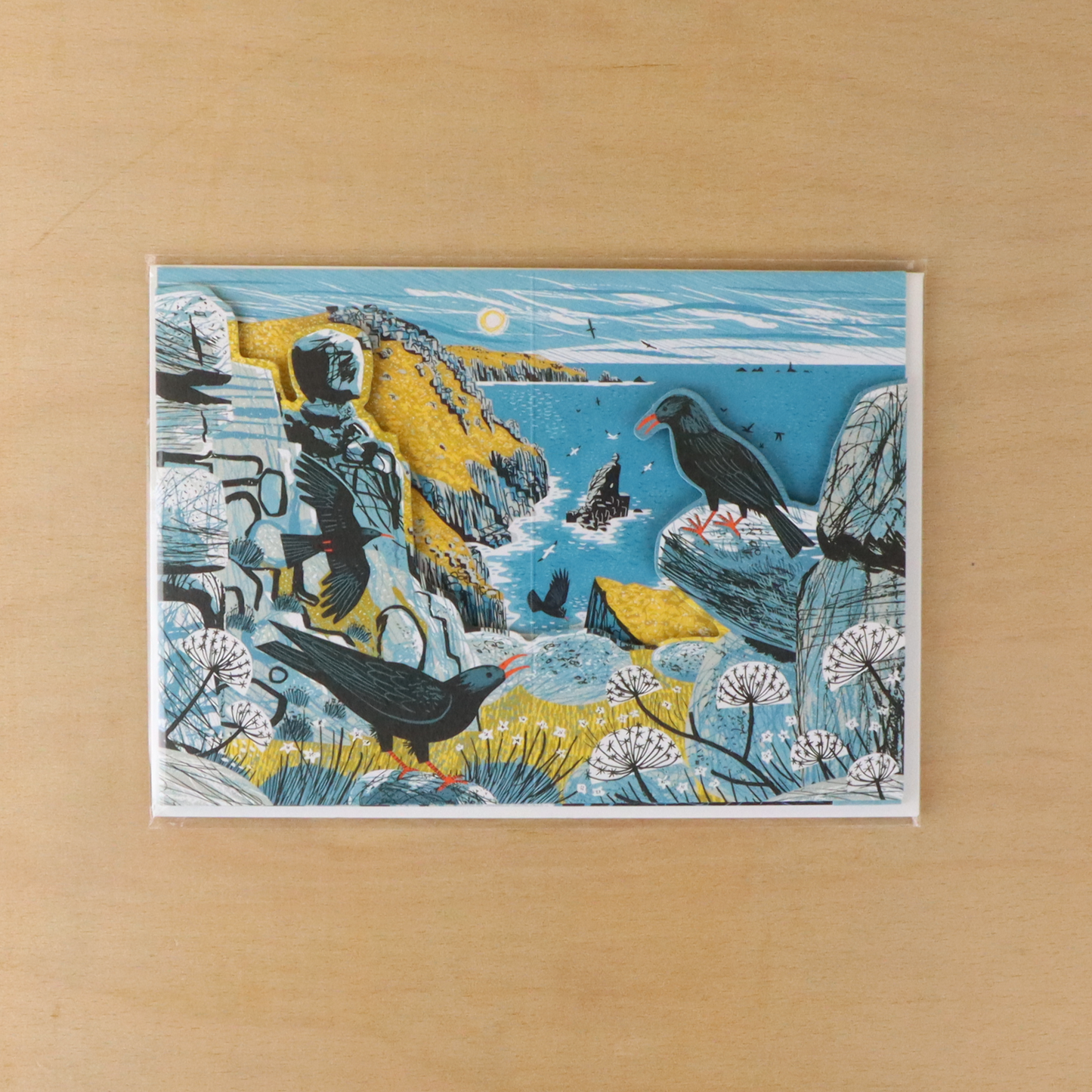 Matt Johnson Mayon Cliff Choughs greeting card packaged in a protective clear sleeve with kraft envelope.