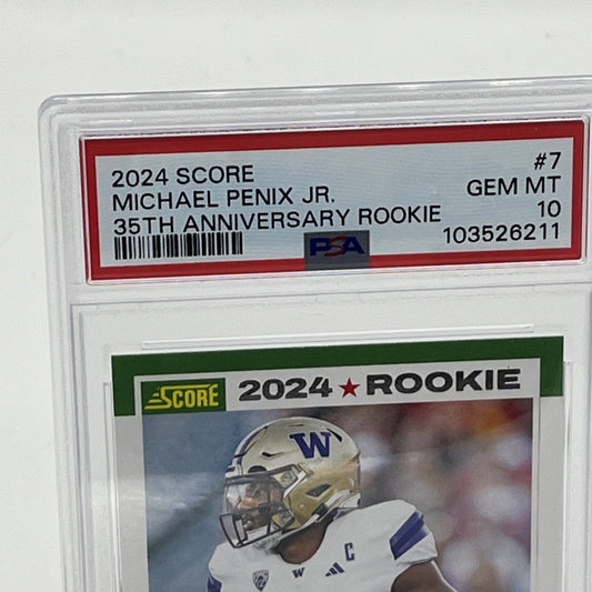 2024 Score - 35th Anniversary Rookie Michael Penix Jr. #7 (RC) PSA 10 Michael Penix Jr rookie card, 2024 Score football PSA 10, 35th Anniversary Score card, Atlanta Falcons rookie QB, Michael Penix Jr PSA 10 RC, NFL rookie trading card, Panini Score 2024, Michael Penix Jr collectible, Falcons PSA graded card, Score football 2024 rookie card