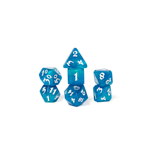 Beauregard Lionett dice set, Mighty Nein Critical Role dice, translucent blue DnD dice, fist icon d20, Critical Role official dice set, Marisha Ray character dice, resin polyhedral dice set, Die Hard Dice collaboration, RPG dice Critical Role, pop-pop monk dice