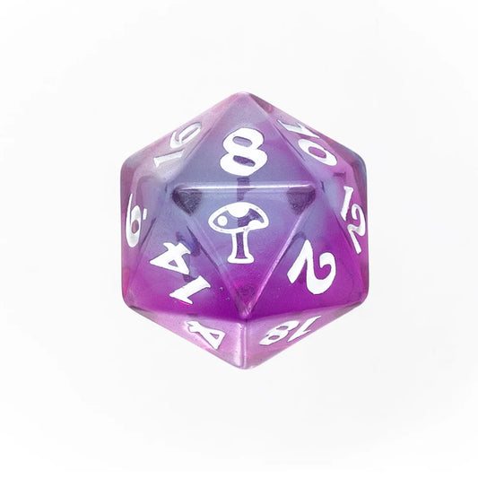 Caduceus Clay dice set, Critical Role Caduceus dice, Mighty Nein dice, mushroom d20 icon, translucent purple pink teal dice, Taliesin Jaffe character dice, DnD polyhedral dice set, Critical Role official dice, Die Hard Dice Critical Role, fantasy RPG dice set