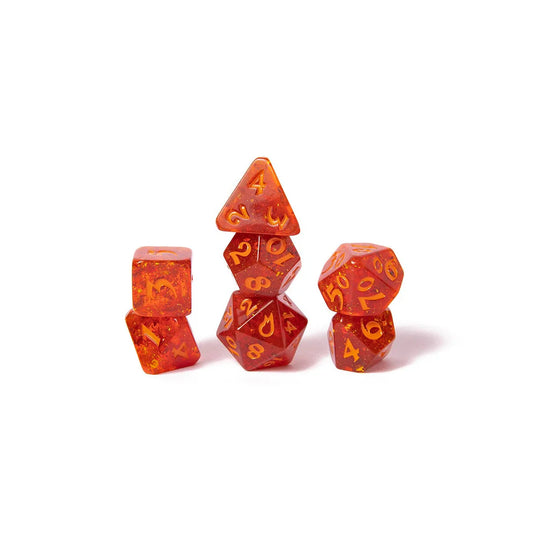 Caleb Widogast dice set, Critical Role Mighty Nein dice, translucent orange DnD dice, flame icon d20, resin polyhedral dice set, Liam O'Brien character dice, Mighty Nein character dice, Critical Role official dice set, fantasy RPG dice, Die Hard Dice collaboration