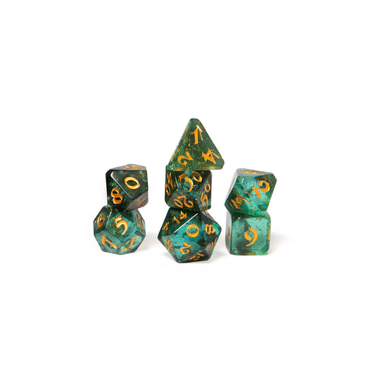 Fjord Stone dice set, Critical Role Fjord dice, Mighty Nein dice, Uk’otoa eye d20, gold-flecked green dice, Travis Willingham dice set, Critical Role official dice, Die Hard Dice Fjord, DnD polyhedral dice, Exandria themed dice set